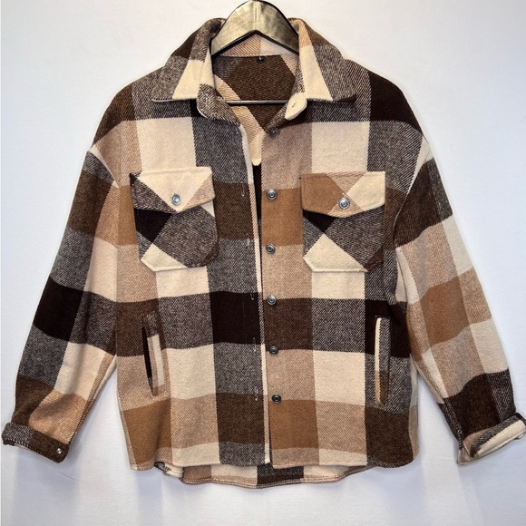 SHEIN flannel shirt jacket women’s size Large shacket neutral brown plaid casual - Picture 1 of 8